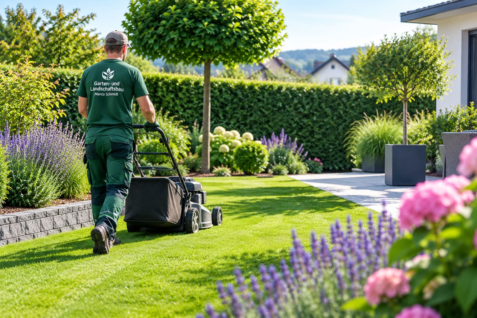 Professionelle Gartenpflege mit Rasenmähen in einem gepflegten Garten mit Hecken, Beeten und Terrasse in Grafschaft und Bad Neuenahr-Ahrweiler.