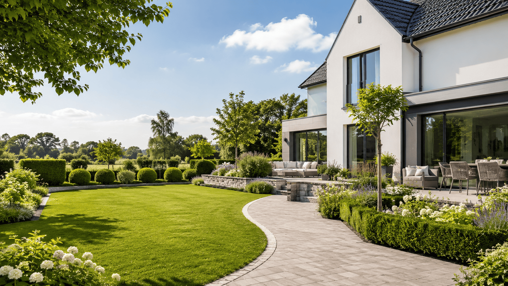 Professionell gestalteter Garten mit Rasen, Hecken, Blumenbeeten, Terrasse und Gartenwegen in Grafschaft und Bad Neuenahr-Ahrweiler