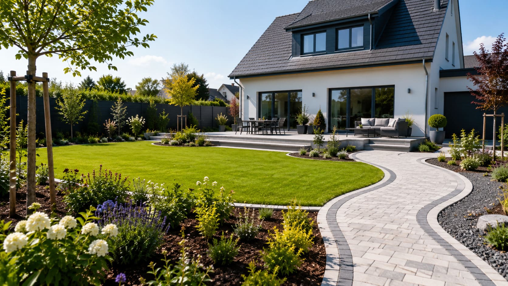Professionell neu angelegter Garten mit Rasen, Terrasse, Pflasterwegen, Beeten und jungen Bäumen in Grafschaft und Umgebung