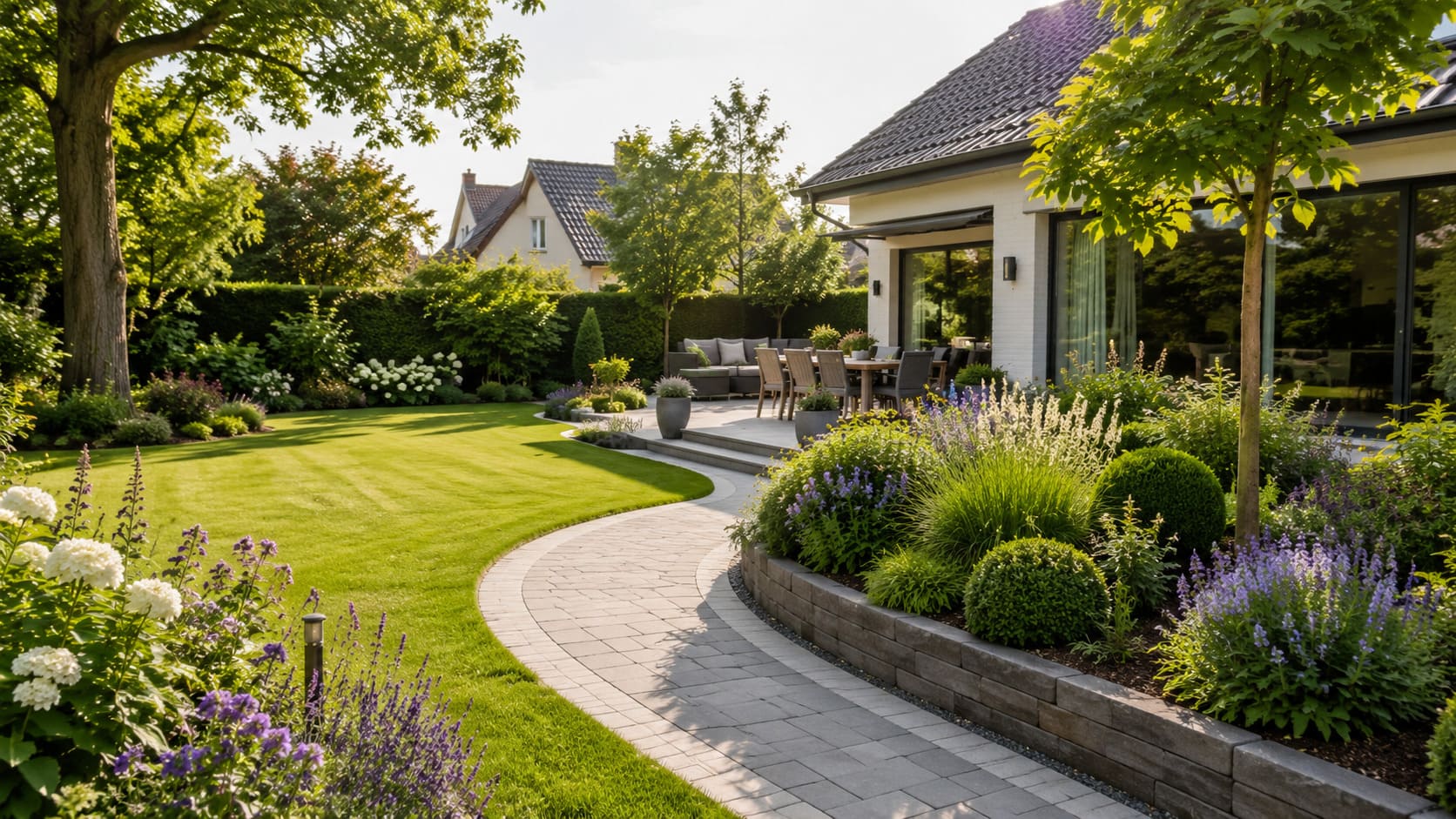 Modern umgestalteter Garten mit Rasen, Pflasterweg, Terrasse, Staudenbeeten und gepflegten Gehölzen in Grafschaft und Umgebung