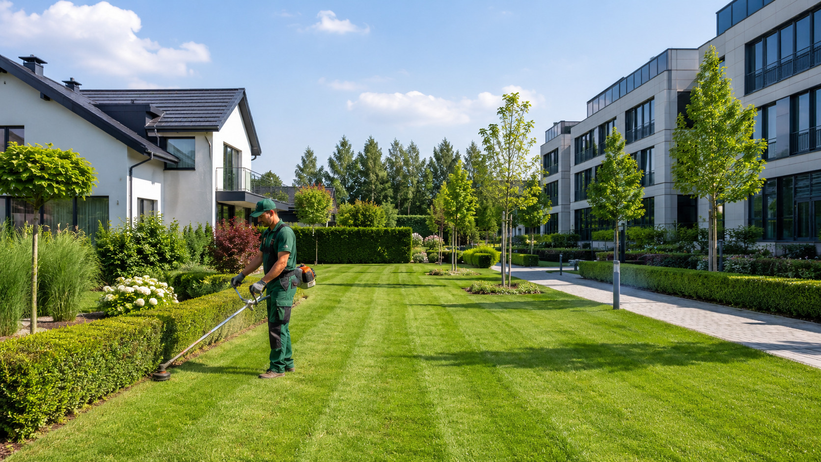 Professionelle Grünflächenpflege auf einer gepflegten Außenanlage mit Rasen, Hecken, Bäumen und Landschaftsgärtner bei der Arbeit.
