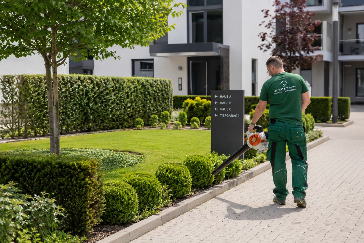 Professionelle Objektpflege in einer modernen Wohnanlage mit gepflegten Grünflächen, Hecken, Wegen und Landschaftsgärtner bei der Arbeit.