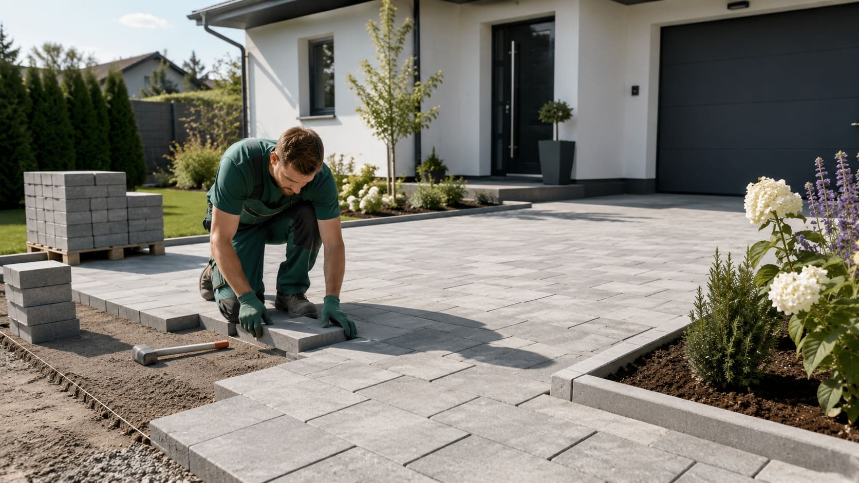 Professionelle Pflasterarbeiten an einer modernen Einfahrt mit grauen Pflastersteinen, Gartenbeeten und Wohnhaus.