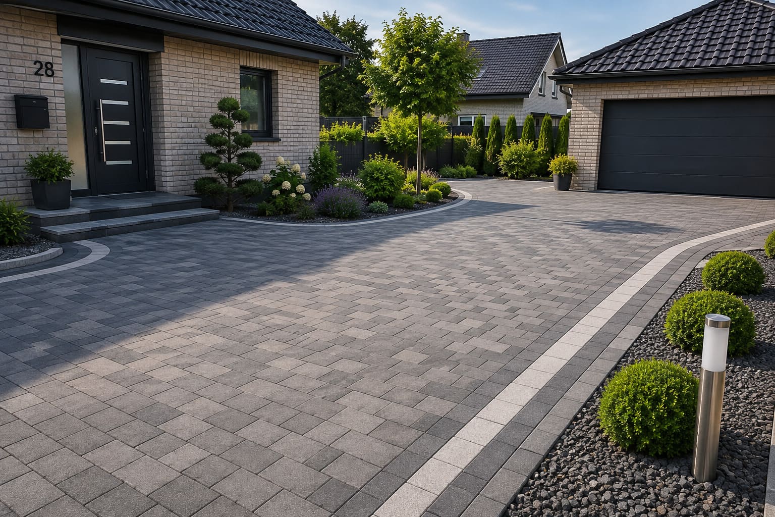 Neu gepflasterte Einfahrt und Hoffläche mit grauen Pflastersteinen vor einem modernen Wohnhaus mit Garage und gepflegter Außenanlage.
