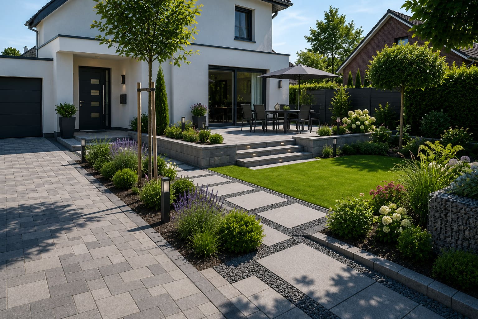 Professionell gestaltete Außenanlage mit Einfahrt, Terrasse, Gartenwegen, Rasen, Beeten und moderner Bepflanzung rund um ein Wohnhaus.