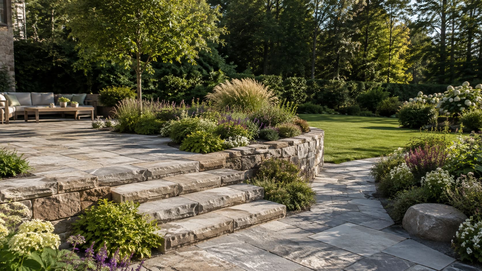 Natursteinarbeiten im Garten mit Natursteinmauer, gepflastertem Weg, Steintreppe, Terrasse und bepflanzten Beeten
