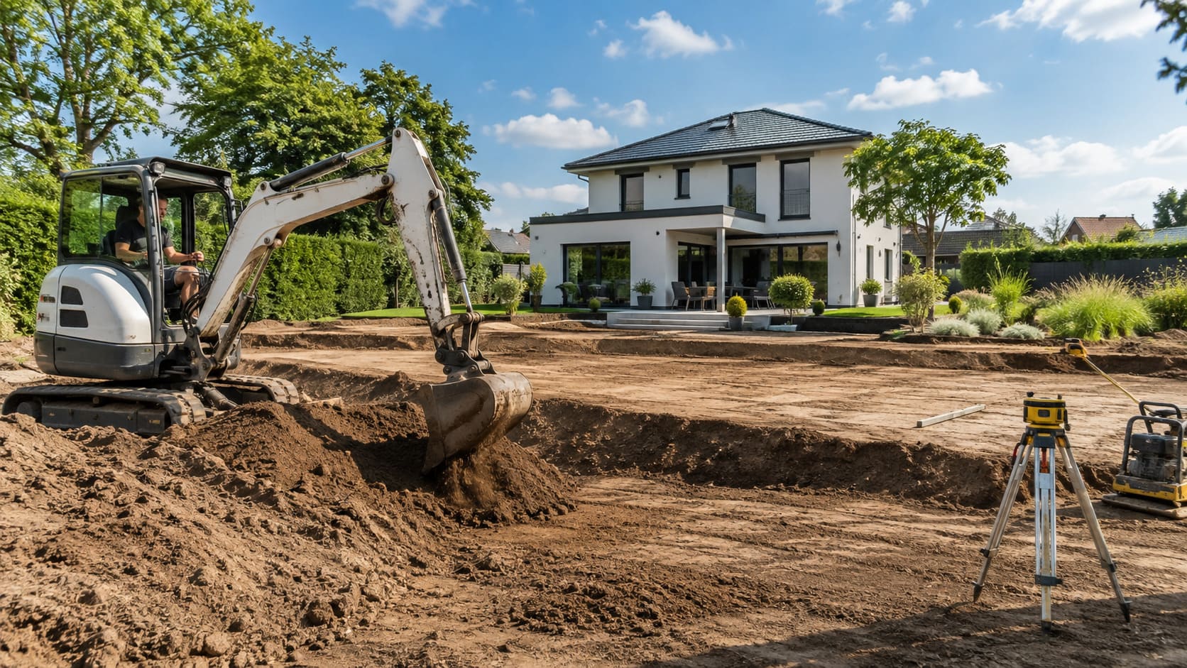 Grundstücksbegradigung mit Minibagger auf einem Wohnhausgrundstück zur Vorbereitung von Garten, Rasen und Außenanlagen