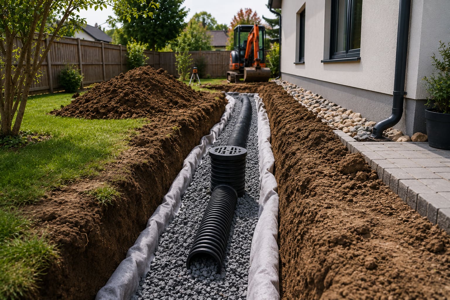 Drainage im Garten mit Drainagerohr, Kiesbett und vorbereitetem Entwässerungsgraben neben einem Wohnhaus