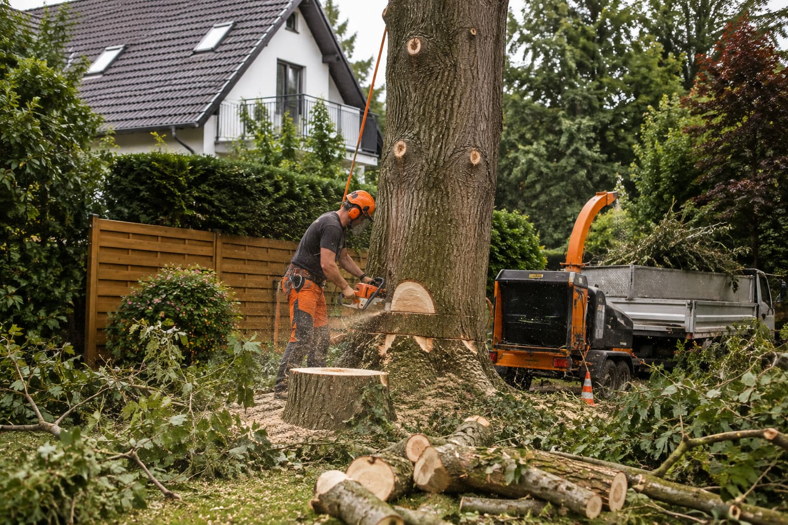 Professionelle Baumfällung mit Motorsäge auf einem Privatgrundstück mit großem Baum, Schnittgut und Häcksler