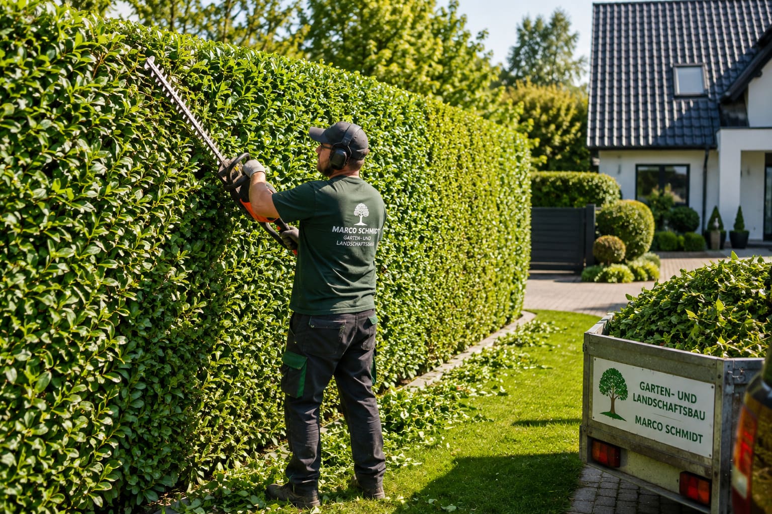 Professioneller Heckenschnitt mit motorisierter Heckenschere an einer hohen, gepflegten Gartenhecke auf einem Privatgrundstück