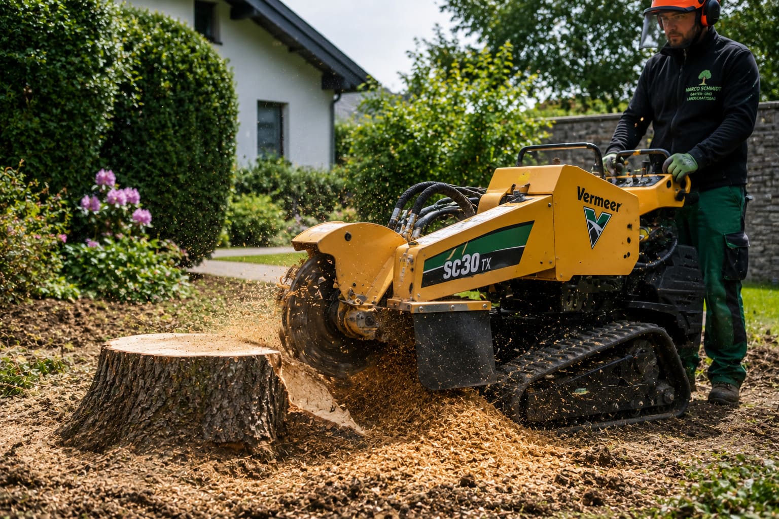 Baumstumpf wird mit einer Stubbenfräse auf einem Gartengrundstück entfernt, um die Fläche für die weitere Gartengestaltung vorzubereiten